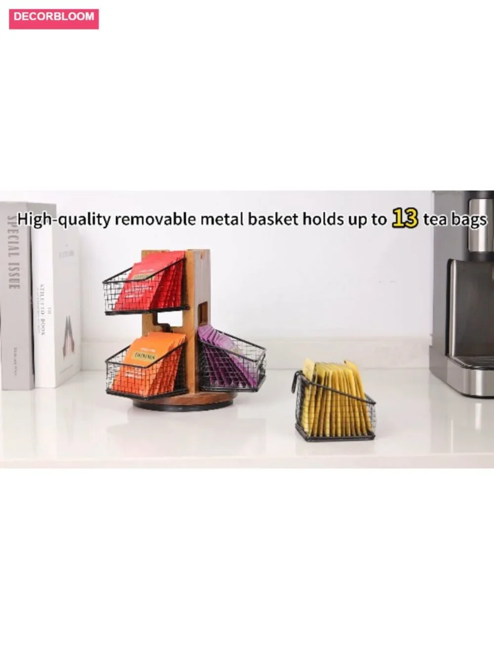 Spinning Carousel Tea Bag Organizer with Removable Wire Baskets